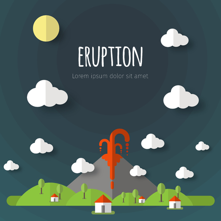 Vector illustration of a volcanic eruption. Beautiful mountain landscape, sky, clouds, stars, village houses. Material flat design with volume elements and shadow.のイラスト素材