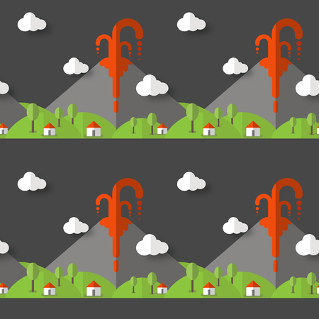 Vector seamless pattern volcanic eruption. Smoke and lava from the crater, the village and trees at the foot. Used for postcards, websites, posters, wallpapers, wrapping paper.のイラスト素材