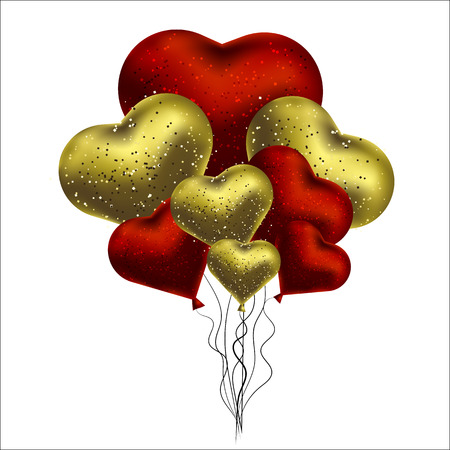 Vector illustration with gold and red balloons in the shape of heart. Background for postcards, posters.のイラスト素材