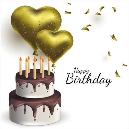 Vector illustration with balloons and cake in the shape of heart. Background for postcards, posters.のイラスト素材