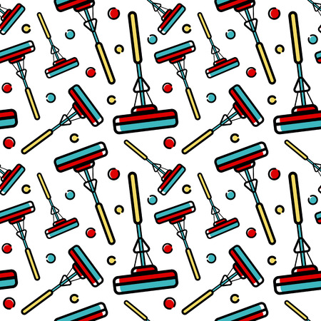 Vector seamless pattern of accessories for cleaning the house. Flat linear art on a white background. Ornament for wallpaper, websites, backgrounds, wrapping paper, corporate style.のイラスト素材