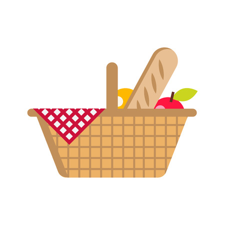 Vector flat illustration. Picnic basket with food. Bread, apple, orange and napkins in a cage. On a white backgroundのイラスト素材