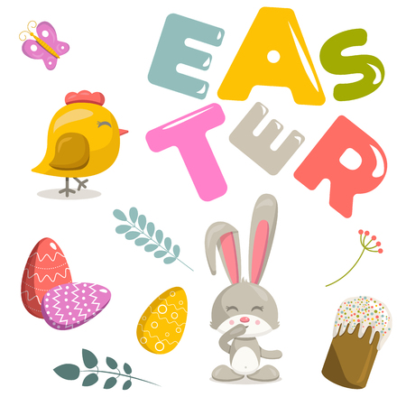 Vector set of elements on Easter theme. Animals and flora, letters on a white background.のイラスト素材