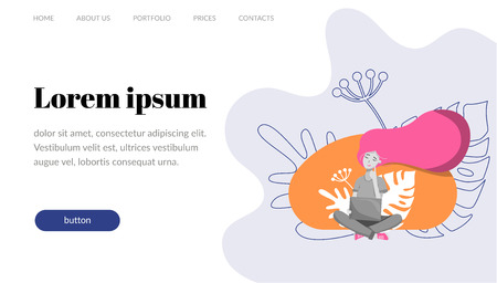 A girl with a laptop is dreaming and working. Long hair with flowers and palm leaves. Vector flat illustration. Website template and concept.のイラスト素材