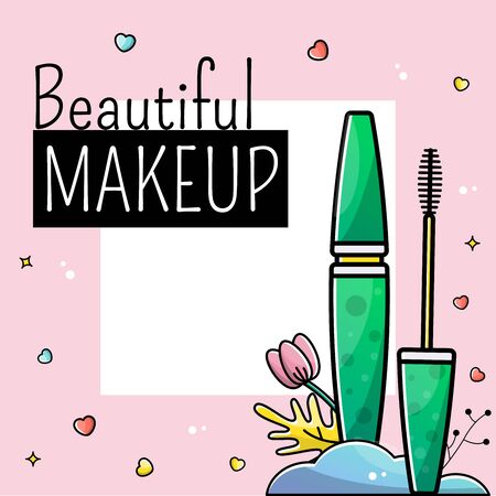 templates for the post in social media. Perfect makeup accessories, cosmetics. mascara background. Vector banner, card with space for textのイラスト素材