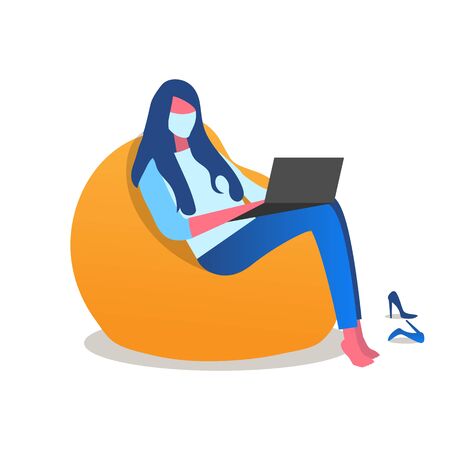 A young girl sits in a chair with a laptop and works online. Pandemic coronavirus and global quarantine. Vector illustration on a white backgroundのイラスト素材