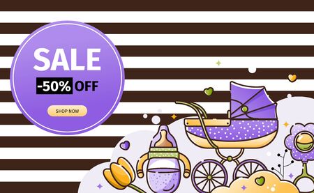 Vector sales banner with baby accessories. Stroller, baby milk bottle and toy. Birth of a boy or...