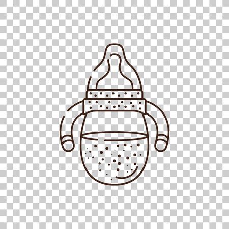 Children's purple bottle for milk or water. Vector isolated object on a transparent background. Birth of a baby boy or girl. Outline icon.のイラスト素材