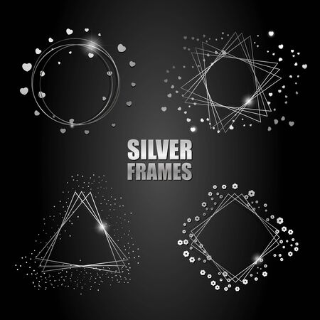 Set of vector silver frames. Round frame with a heart. Geometric shapes and metallic spangles.のイラスト素材