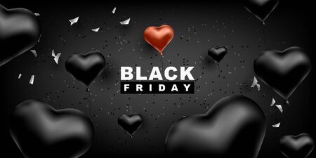 Black friday vector background. Dark Template for a banner with black balloons heart shapeのイラスト素材