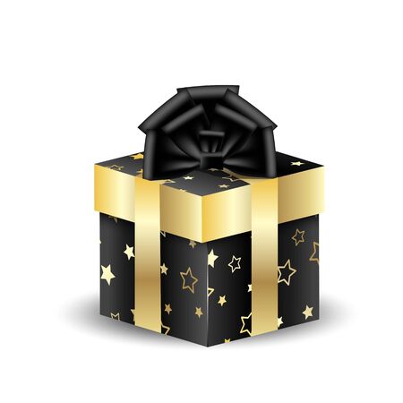 3D square packing box black with gold. Wrapping paper with stars. Vector isolated object. Present for christmas and new year. Black bowのイラスト素材