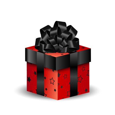 3D square packing box black with red on a white background. Wrapping paper with stars. Vector isolated object. Present for christmas and new year 2020. Black bowのイラスト素材
