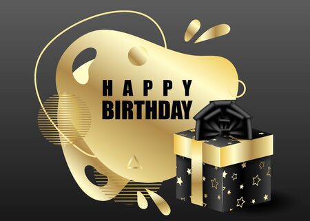 Illustration of golden and black packaging boxe with bows and serpentine. Vector background for new year and christmas. Invitation to the Birthdayのイラスト素材
