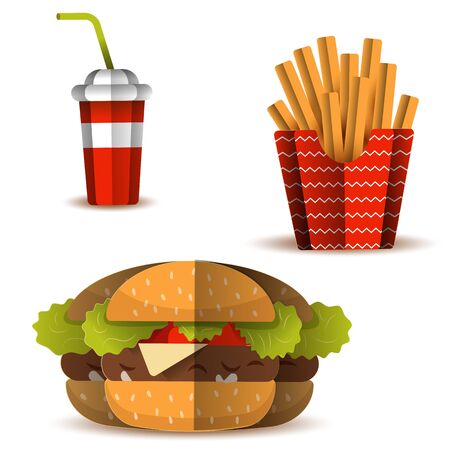 Colorful Fast food vector set isolated on white background. Fast food hamburger dinner and restaurant paper cut styleのイラスト素材