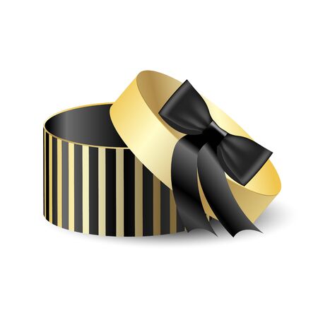 Round packing box 3D black with gold. Vector isolated object. Present for christmas and new year. Black bowのイラスト素材