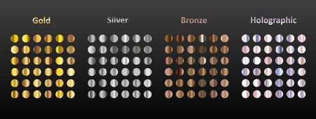 A large set of 144 round metal gradients. Gold, silver, bronze and holographic metal on a black background. Collection of sparkles for birthday, holiday and new year.のイラスト素材