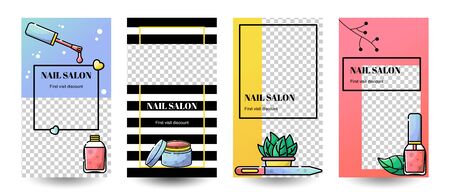 Vector flat set of templates for stories in linear style. Nail salon and manicure. Beauty and fashion illustrations with photo framesのイラスト素材