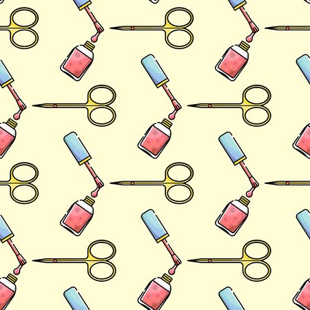 Nail salon. Tools and accessories for manicure and nail. Vector flat color seamless pattern in linear styleのイラスト素材