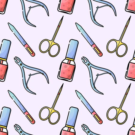 Nail salon. Tools and accessories for manicure and nail. Vector flat color seamless pattern in linear styleのイラスト素材