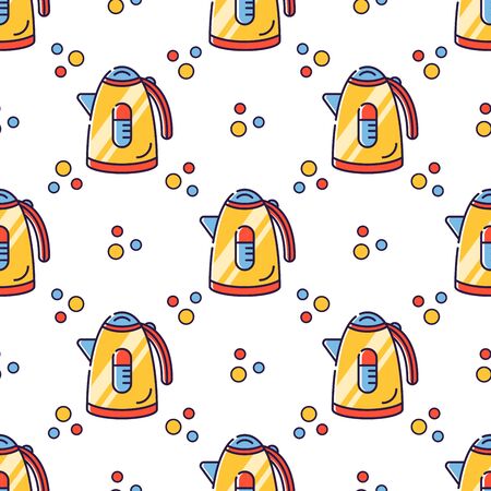 Vector seamless pattern in linear style. Kitchen electric appliances for cooking. Electric kettleのイラスト素材