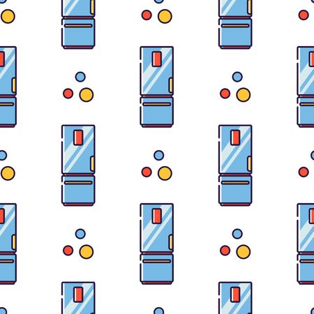 Vector seamless pattern in linear style. Kitchen electric appliances for cooking. The process of cooling food in the refrigerator. Fresh food.のイラスト素材
