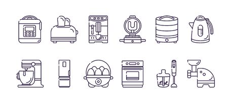 Kitchen electric appliances for cooking. Vector flat transparent icons in linear style on white background. Isolated objectsのイラスト素材