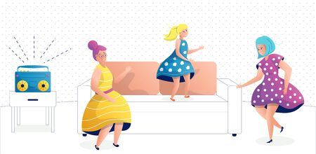 Grandmother, mother and daughter in beautiful dresses dance, jump and rejoice in the room on the couch to the music. The family is resting. Vector flat illustration in cartoon styleのイラスト素材