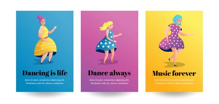 Grandmother, mother and daughter in beautiful dresses dance, jump and rejoice. The family is resting. Vector flat illustration in cartoon style. Greeting and invitation cardsのイラスト素材