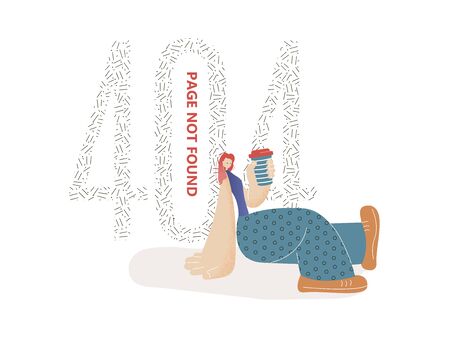 A girl with big hands and legs holds a glass of coffee. Template 404 error page for website. Oops,...