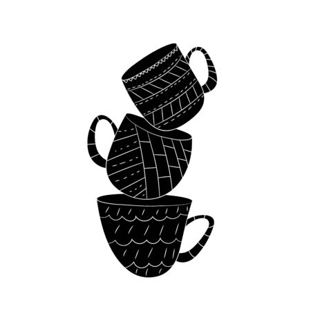 Vector set of cups of tea, coffee, milk to draw hands in Scandinavian style. Isolated monochrome objects.のイラスト素材