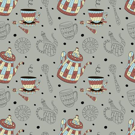 Vector seamless pattern of teapots. spoons and plates in Scandinavian style. Used for wallpapers, backgrounds, wrapping paper.のイラスト素材