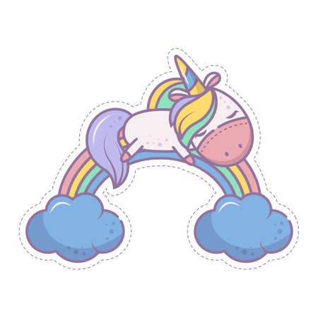 A cute unicorn sleeps on a rainbow in the sky. Isolated object on a white background. Icon in the style of a cartoon. Sticker for children. Linear illustrationのイラスト素材