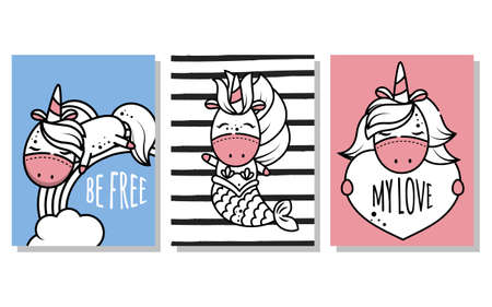 A set of cards with magic unicorns. Use for invitation to children s party, birthday, banners and postcards. Covers for social networks and phones.のイラスト素材