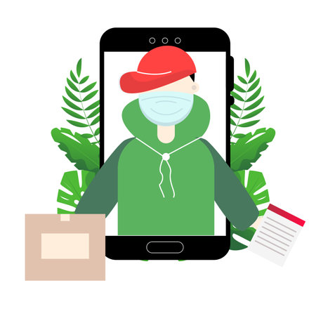 Online delivery service with courier and package tracking vector cartoon illustration.のイラスト素材