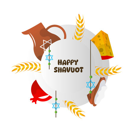 Shavuot holiday celebration with traditional symbols cartoon illustration.のイラスト素材