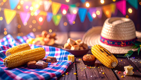 Festa Junina celebration background with copyspace, flat lay.の素材