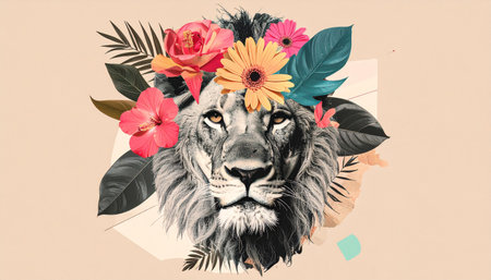 Artistic halftone animal head collage with flowers. Art classes poster, creative ideas concept. Trendy graphic on simple backgroundの素材