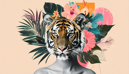 Artistic halftone animal head collage with flowers. Art classes poster, creative ideas concept. Trendy graphic on simple backgroundの素材