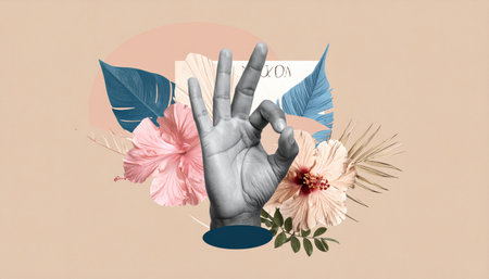 Artistic halftone hand ok gesture collage with flowers. Art classes poster, creative ideas concept. Trendy graphic on simple background.の素材