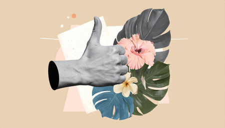 Artistic halftone hand thumbs up gesture collage with flowers. Art classes poster, creative ideas concept. Trendy graphic on simple background.の素材