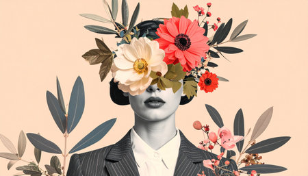 Artistic halftone person collage with flowers, business creative ideas poster concept. Trendy graphic on simple background.の素材