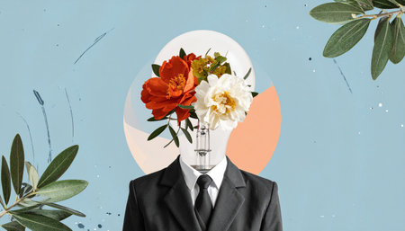 Artistic halftone person collage with flowers, business creative ideas poster concept. Trendy graphic on simple background.の素材