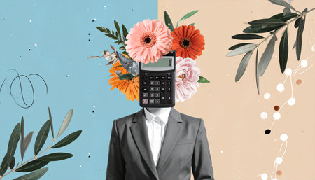 Artistic halftone person collage with flowers, business creative ideas poster concept. Trendy graphic on simple background.の素材