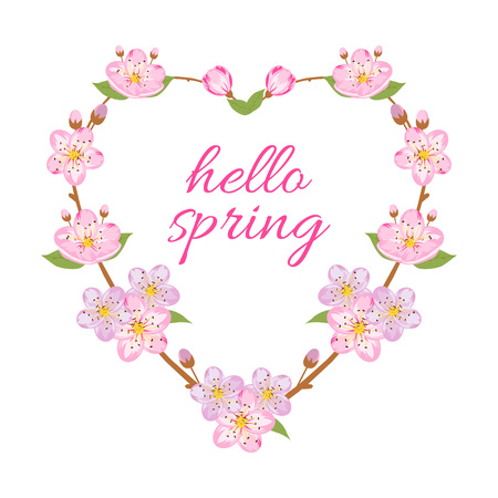 "Hello spring" card with decorative sakura frame. Vector illustrationのイラスト素材