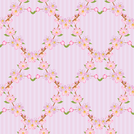 Seamless sakura blossom pattern on stripe background. Japanise background. Vector illustration.のイラスト素材