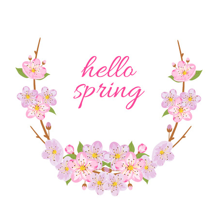 "Hello spring" card with decorative sakura frame. Vector illustrationのイラスト素材
