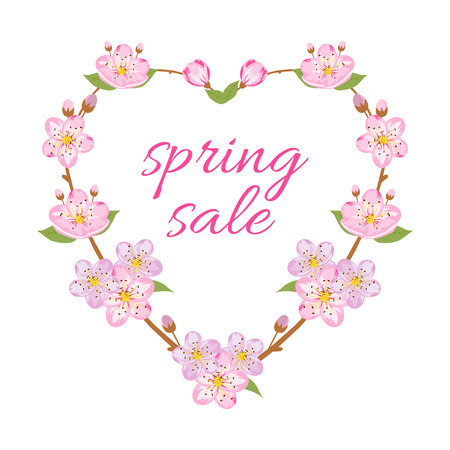 Spring sale illustration with text "Spring Sale". Sakura wreaths. Vector illustration.のイラスト素材