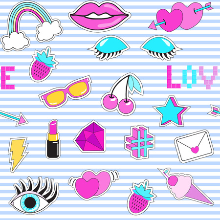 Seamless pattern with fashion patch badges. Eye, sunglasses, lips, ice-cream, phrase "Love", hearts, rainbow, lipstick, arrow, star, lightning, strawberry, cherry, diamond. Style of 80s-90s.のイラスト素材