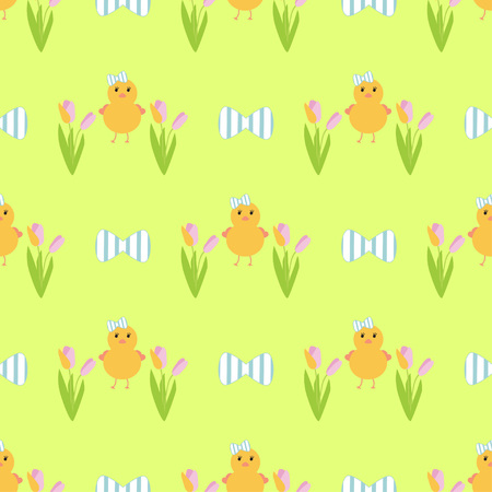 Cute Easter seamless pattern with flowers and chicks. Vector illustration.のイラスト素材