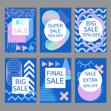 Set of abstract sale cards in bright colors.Memphis style. Vector illustration.のイラスト素材